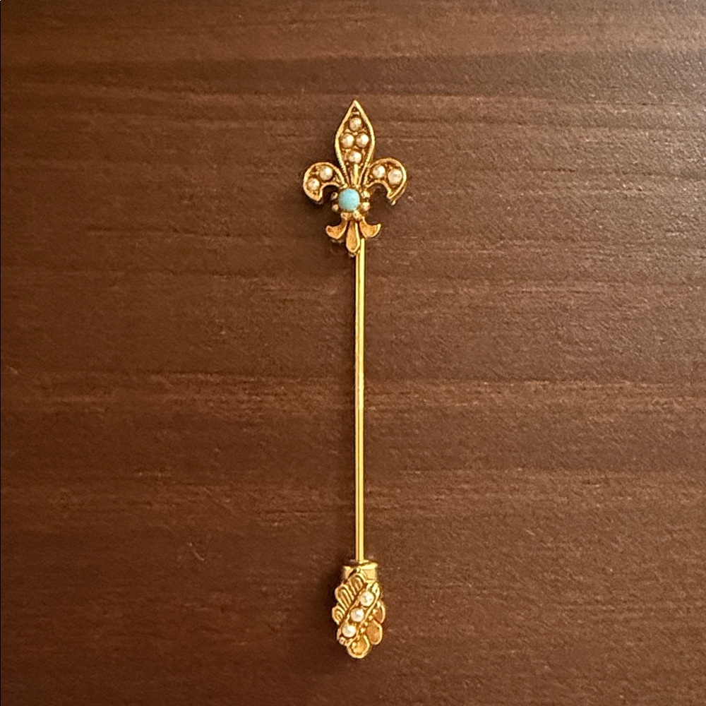 Gold Fleur-de-Lis Brooch With Turquoise And Pearl Accent